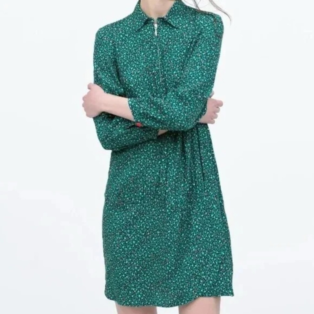 Zara Green Long-Sleeve Shirt Dress